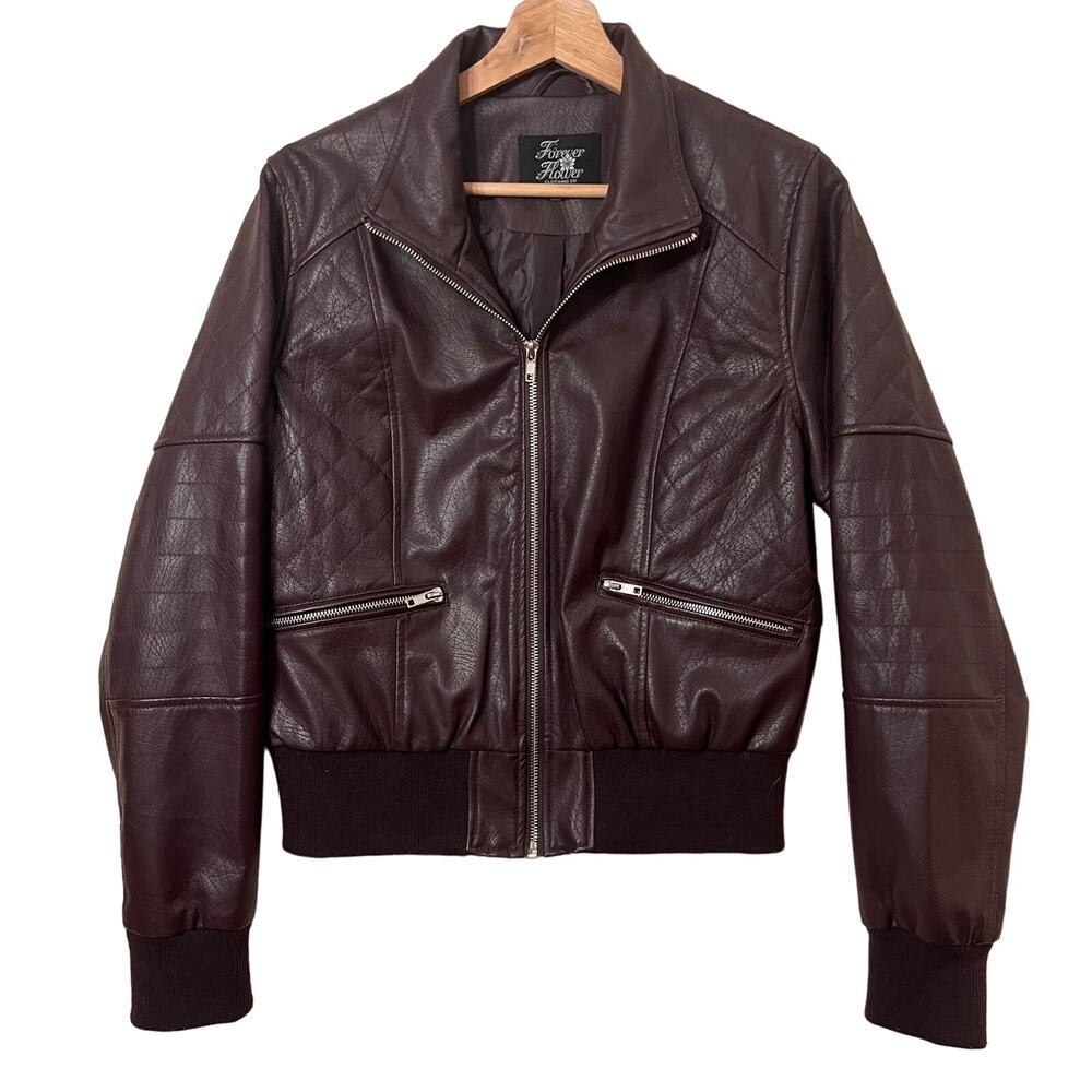 Plum Purple Faux Leather Jacket Zip Front Biker Jacket Crop Quilted Detail